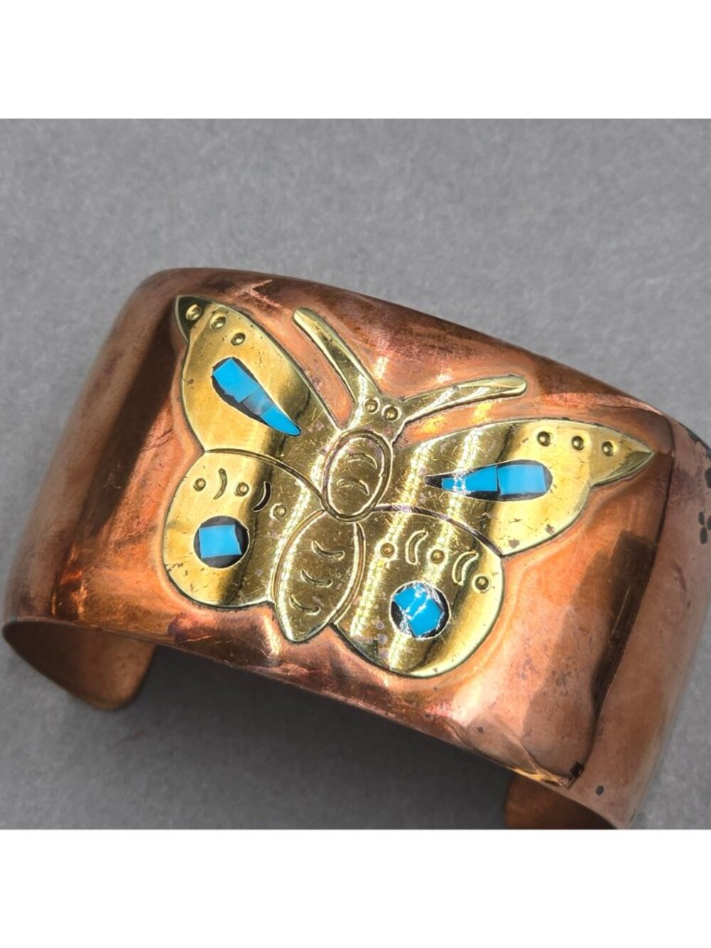 Vintage Mexico Cobre Copper Turquoise Inlay Cuff Bracelet 7" Mixed Metal - Picture 7 of 10
